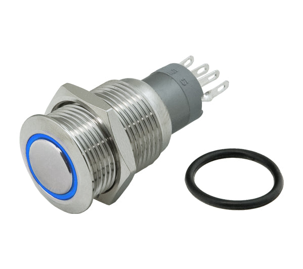 Metal Push Button HD ILL 16mm 12-24V Momentary N/O & N/C 2 Blue