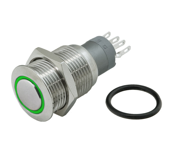 Metal Push Button HD ILL 16mm 12-24V Momentary N/O & N/C 2 Green