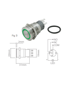 Metal Push Button HD ILL 19mm 12-24V Momentary N/O & N/C 3 Green